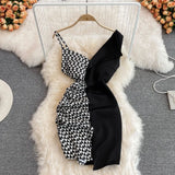 Women Dress 2023 New Stylish Plaid Print Patchwork Bodycon Mini Dress Spaghetti Strap Sleeveless Sexy Night Party