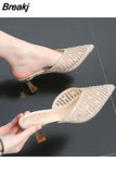Summer Elegant Women Fashion Slipper Pointed Toe Half Slippers Women's Stiletto Mid Heel Mesh Comfortable