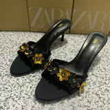 Breakj Home 2025 New Cow Skin Flowers Exposed Toe And Cool Slippers Outside Wearing High Heels Sandals