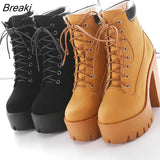 Spring Autumn Platform Ankle Boots Women Lace Up Thick Heel Platform Boots Ladies Worker Boots Black Big Size