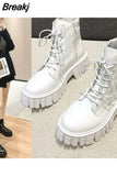 Sole Lace Up Combat Booties Female Platform Shoes Woman Women White Ankle Boots PU Leather Botas Mujer Chaussure