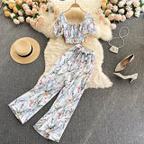 Summer Women Holiday Style Chiffon Printing Two Piece Set Short Shirt High Waist Wide Leg Pants Ladies Idyllic Style