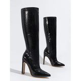 New Thick Heel Middle Tube Elastic Inside Zipper Diamond Irregular Fashion Stone Grain Pointed Women's