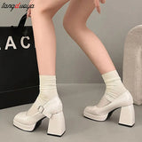 Beige Platform Pumps for Women Super High Heels Buckle Strap Mary Jane Shoes Woman Thick Heeled Wedding Party Shoes