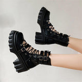 Gothic Hollow Sandals Women Thick Sole Metal Buckle Punk Style Spice Single Shoes Chunky Heel Platform Cross Tied