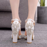 Breakj White Pointed Crystal Wedding Shoes Coarse Heel Ultra-High Heel Bridal Shoes Buckle Tuxedo Water Drill Women