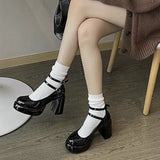 Heels Women's Spring Autumn Pumps Shoes Red Black Retro Thick Soled Mary Jane Shoes Ankle Buckle 9cm Chunky Heels