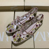 Breakj Flowers Embroidery Net Eye Ballet Flat Shoes Retro Word With Mary Jane Single Shoes National Style Net Shoes