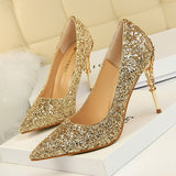 Breakj Fashion Sexy Nightclub Women's Shoes Metal Heel High Heel Shallow Pointed Sequined Single