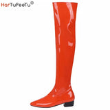 Women Over the Knee Boots Wide Calf Size 34~48 Candy Colour Chunky Low Heel Pointy Toe Patent Leather Comfortable Boot Zip