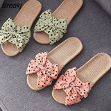Bowknot Linen Slippers Women Japanese Cute Wave Point Home Indoor Shoes Non-Slip Women's Linen