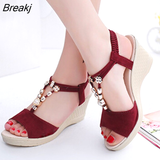 Summer Ladies Platform Wedge Sandals with Rhinestone Red Beige Casual Comfortable Slope Heel Open Toe Shoes Women's