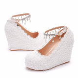 Breakj Lace Wedding Shoes Slope Heel Single Shoe Buckle With Slope Heel Waterproof Table Large Size Shoes