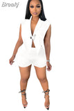 Solid Elegant Two Piece Set Women Outfits Back Hollow Out Lapel Collar Tank Top Shorts Sets Bodycon Tracksuits