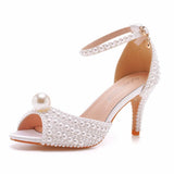 Breakj Cm Pearl Fish Mouth High Heel Sandals Shallow Buckle With Large-Size Round-Head High Heel White Ribbon Wedding