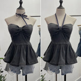 Real Shot With Chest Cushion Denim Sling Vest With Bow Hanging Neck Short Twiping Boat Blouse Woman