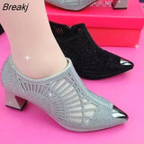 Women's Pointed Toe Sandals Luxury Breathable Mesh Bowknot Rhinestone Clear Elegant Mid-Heeled Simple Pump Shoes Mesh