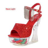 14CM Thick Heel Shoe LED Luminous Transparent Platform Diamond Tassels Sandals For Women Light Up Glowing Pole Dance