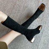 for Woman Silver Women's Boots Winter Knee High Shaft Footwear Elastic Long Sock Middle Heel Comfortable and Elegant