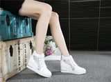 Women Wedge Platform Sneakers Rubber Brogue Leather High heels Lace Up Shoes Pointed Toe Height Increasing Creepers White