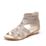 Women's Sandals Summer Golden Zipper Sandal Open Toe Gladiator Hollow Low Heel Sandals Bling wedges Pumps Ladies'