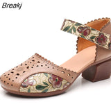 2023 Summer Women's Genuine Leather Shoes Woman Retro Hollow Out Sandals Female Hook & Loop Heels Ladies Platform