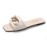 Breakj Summer New Net Red Flat Bottom Chain Cool Slippers Women Wear Fashion Metal Buckle Retro Ins