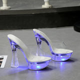 Color Square Heel Women Sandals Light Up Glowing Shoes Luminous Clear Sandals Platform Shoes High Heel 15cm Transparent