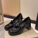 Breakj Black High Heels Women Spring 2024 New French Thick Heel Small Leather Shoes British Style Mary Jane Women's