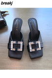 Button Slippers Women Fashion Square Toe High Heel Slide Candy Color Sandal Ladies Elegant Mule Shoe Flip Flops
