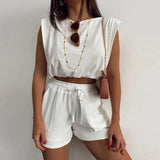 Streetwear 2 Two Piece Sets Summer Sleeveless Crop Top Drawstring Biker Shorts Set Bodycon Tracksuit 2021 Womens
