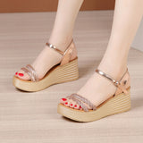 High-Heeled Sandals Women's Gold 2023 Summer Muffin Thick Soles Bright Diamond Large-Size Buckle