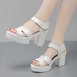 Breakj Leather High Heel Waterproof Sandals Women Fashion Crocodile Pattern Walking Shoes Summer Coarse Heel Magic Sticky H Women's