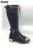 Rivets Studded Buckle Knee High Boots Women Embroidered Leather Print Flower Flat Motorcycle Boots Winter Shoes