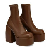 New Square Toe Thick Heel High Heel Waterproof Platform Elastic Thin Boots Large Size Catwalk Short Tube Women's