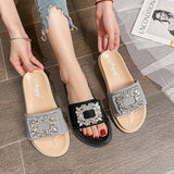 Size 34-43 Crystal Buckle Slippers Woman Glitter Cloth Slides Outside&Home Casual Flipflops Lady Slip On Flat Sandals