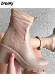 Autumn Winter Fashion Women Chelsea Boots Female PU Leather High Heels Boots Platform Shoes Ladies Knitted Sexy Ankle