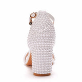 Queen Ankle Strap Women Sandals Summer High Heels Buckle Ladies White Pearl Wedding Shoes
