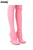 Knitted elastic Knee High Boots Square head Toe Stiletto Heel Slip On Boots Women Winter Shoes Party Dress Sexy