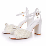 Breakj Cm Coarse Fish Mouth Sandals Square Sandals White Pearl Wedding Dress Sandals Pearl Wedding Shoes