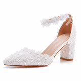 Breakj Cm White Lace Tip Coarse Sandals Wedding Dress Shoes Spring And Autumn Coarse Tips Sandals White Wedding