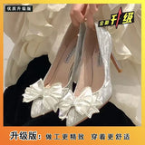Breakj High Heels Female Sheel Fairy Style French Dress Bridesmaid Gold Wedding Shoes Tip Light Bow Single