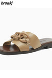 Size 32-43 Women Slippers Indoor House Real Leather Flats Shoes Woman Summer 2023 Fashion Chain Low Heels Slides