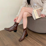 Breakj Brown Square Head Thick Heel Short Boots Women's Spring And Autumn Single Boots 2024 New Rear Zipper Martin Boots Women's