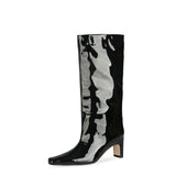 Knee-length Women's Boots Square Heel Plush Solid Color Slip-on Party Woman Boots Winter Women Low Heel Leather