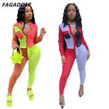 Neon Color Patchwork Two Piece Set Women Button Up Full Sleeve Top And Leggings Outfits Autumn Club Birthday