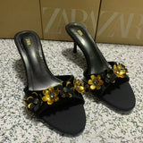 Breakj Home 2025 New Cow Skin Flowers Exposed Toe And Cool Slippers Outside Wearing High Heels Sandals