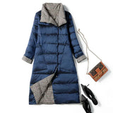 New Autumn Winter Women Double Sided Ultra Light Long Down Coat 90% White Duck Down Parkas Warm Snow Plaid
