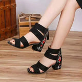 for Women 2023 New Ankle-Wrap Women's Sandals Summer Black Embroidered Mid-heel Sandals Elegant Open Toe Square Heel