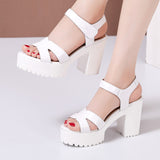 High-Heeled Sandals Women's Muffin Thick-Soled Waterproof Platform Size Velcro Leather Fish Mouth